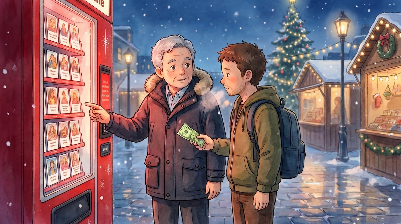 An older volunteer and a younger man at the red Giving Machines on a snowy Christmas evening